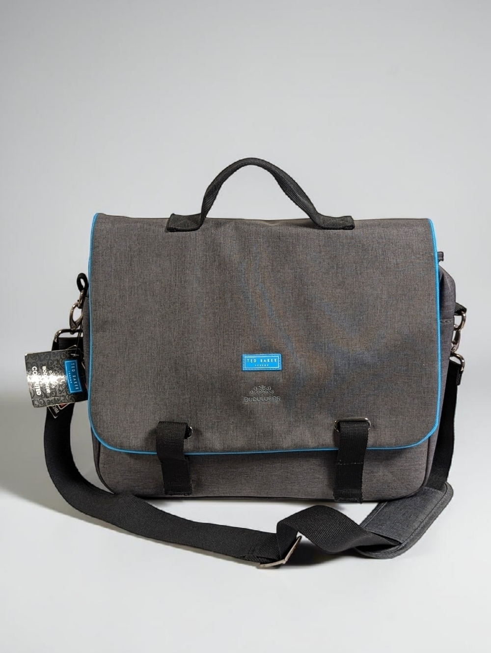 Ted Baker London Laptop Messenger Bag Gray Blue Trim NWT Bodywear Work Travel